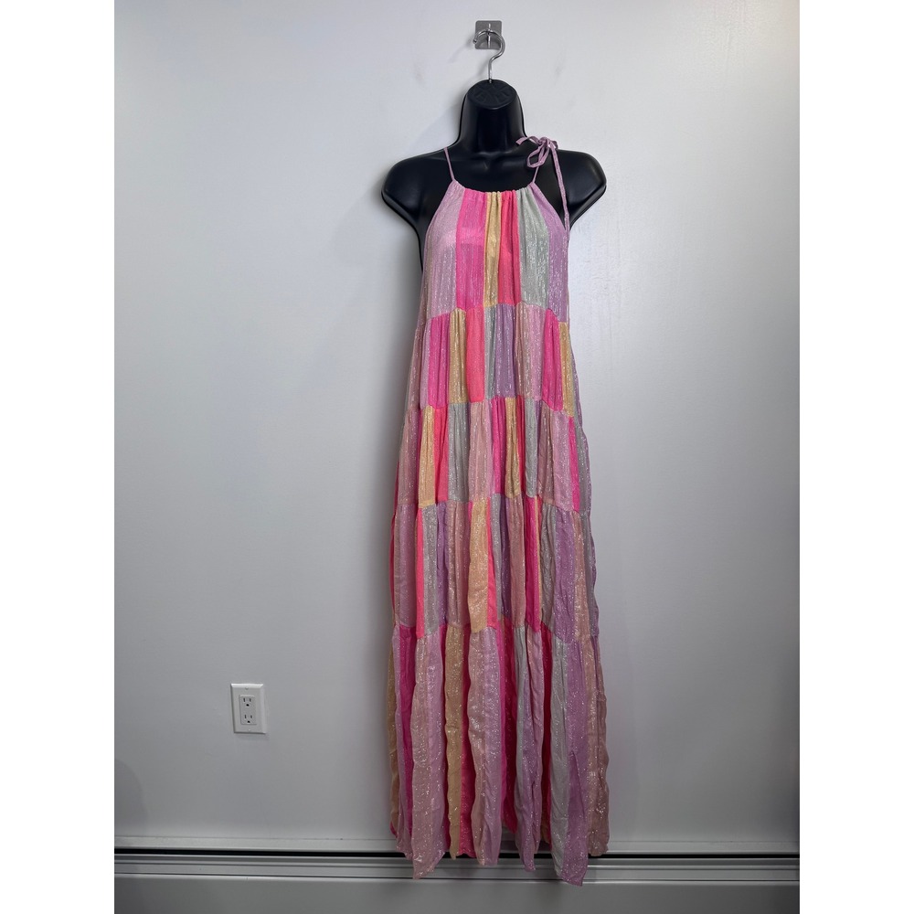 Sundress Colette Long Dress Pink Multi Stripe Tiered Halter Maxi Dress XS/S